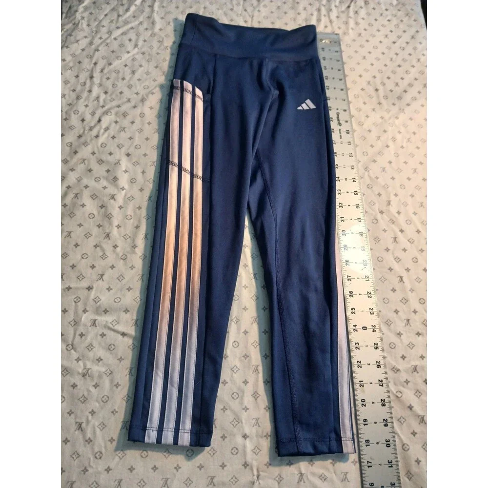 adidas Girl's Leggings Size S (7/8) Blue/White Striped Cropped  Stretch